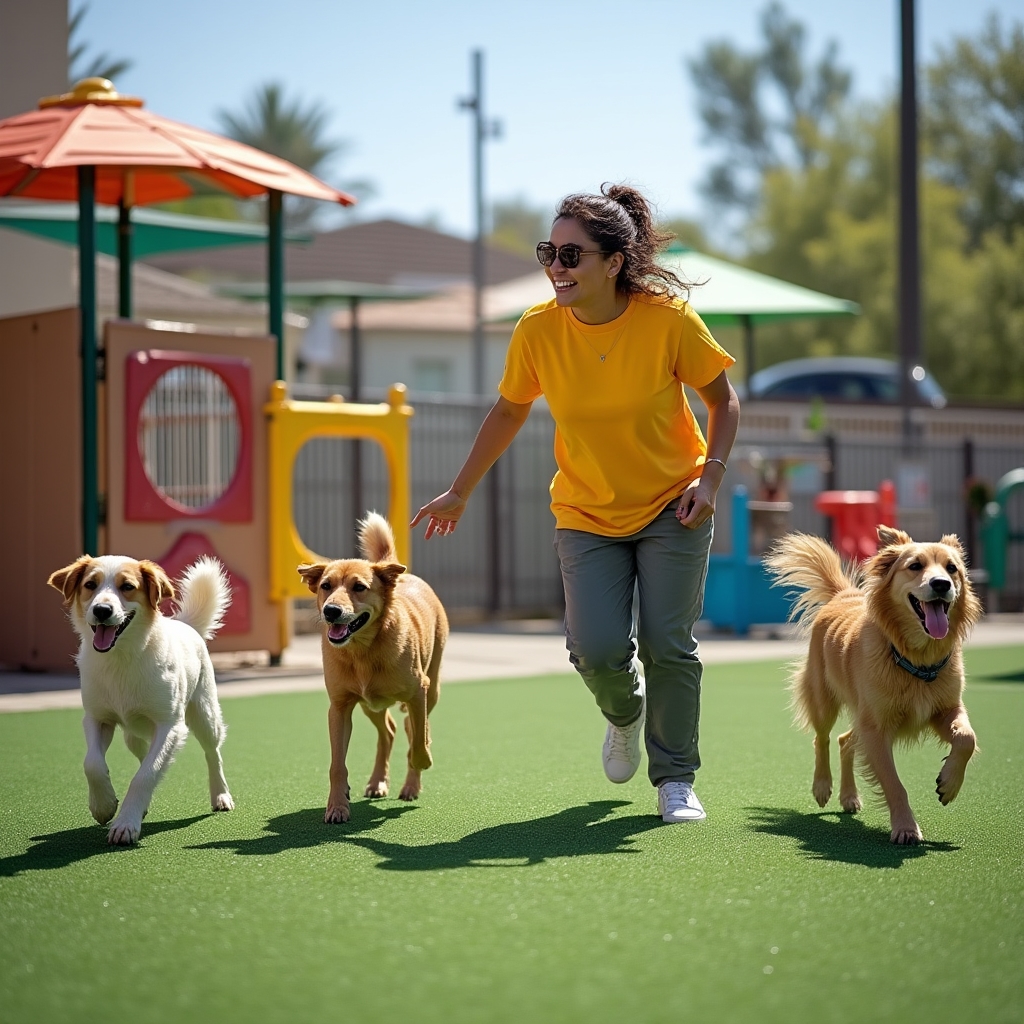 Gruppo di cani in un asilo diurno all'aperto con operatrice