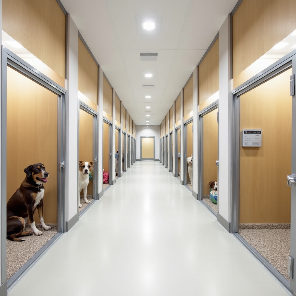Vista interna di una pensione per animali con box organizzati