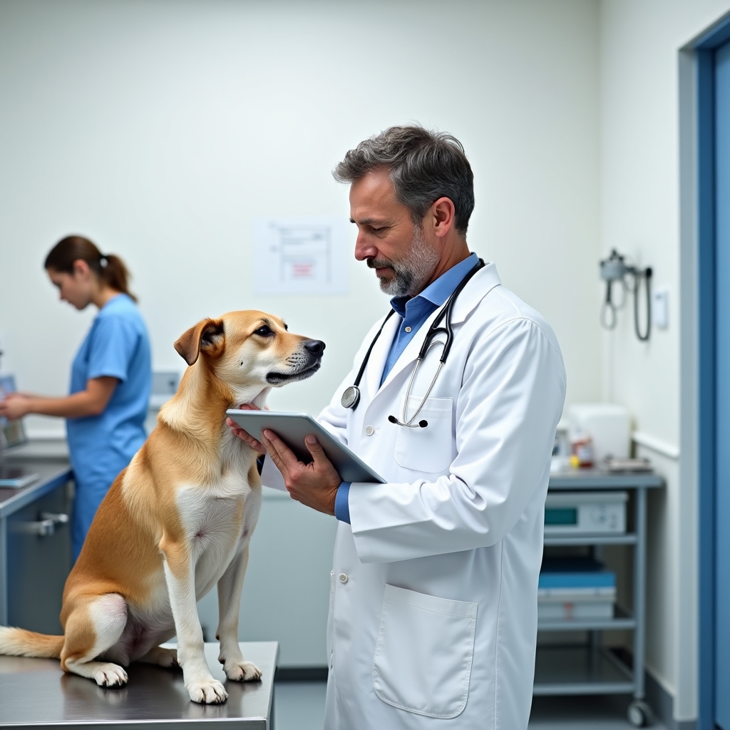 Veterinario che controlla la scheda sanitaria di un cane